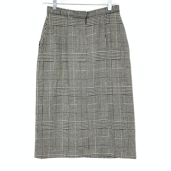 Evan Picone Wool Skirt Womens 2 Glen Plaid High Waist Black White Vintage USA - Picture 2 of 5